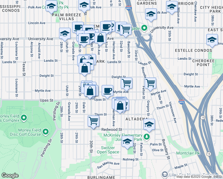 map of restaurants, bars, coffee shops, grocery stores, and more near 3512 Herman Avenue in San Diego