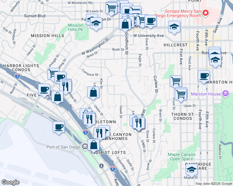map of restaurants, bars, coffee shops, grocery stores, and more near 3505 Ibis Street in San Diego