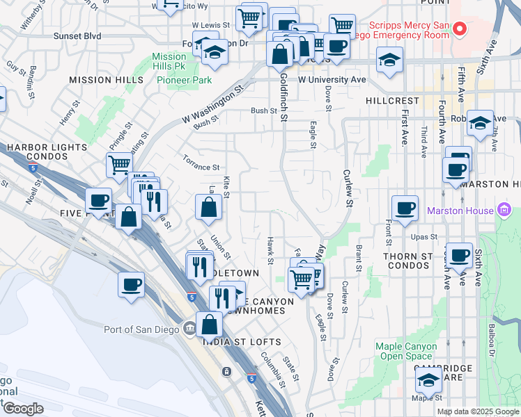 map of restaurants, bars, coffee shops, grocery stores, and more near 3505 Ibis Street in San Diego