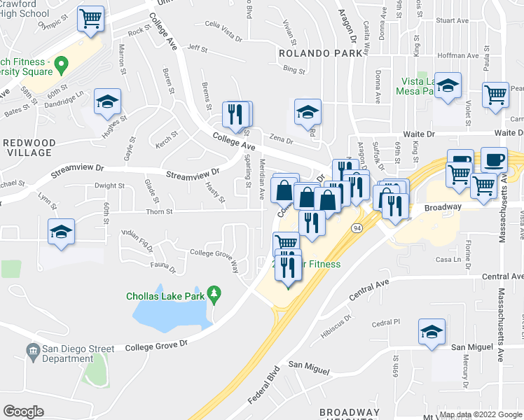 map of restaurants, bars, coffee shops, grocery stores, and more near Thorn Street & Meridian Avenue in San Diego