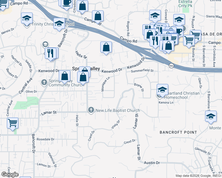 map of restaurants, bars, coffee shops, grocery stores, and more near 9380 Francis Drive in Spring Valley
