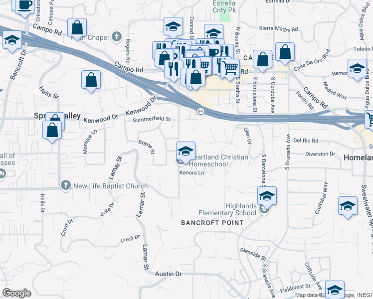 map of restaurants, bars, coffee shops, grocery stores, and more near 9724 Kenora Woods Lane in Spring Valley
