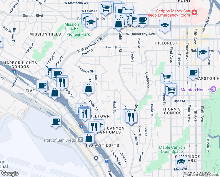 map of restaurants, bars, coffee shops, grocery stores, and more near 3505 Ibis Street in San Diego