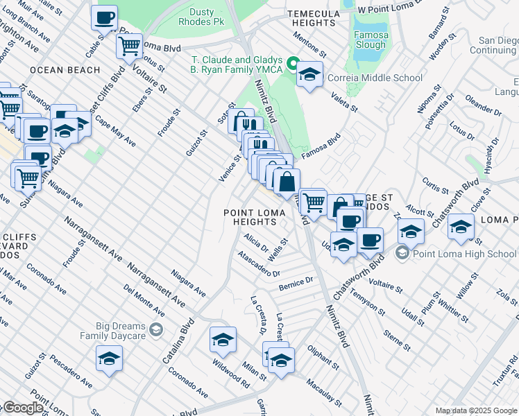map of restaurants, bars, coffee shops, grocery stores, and more near in San Diego