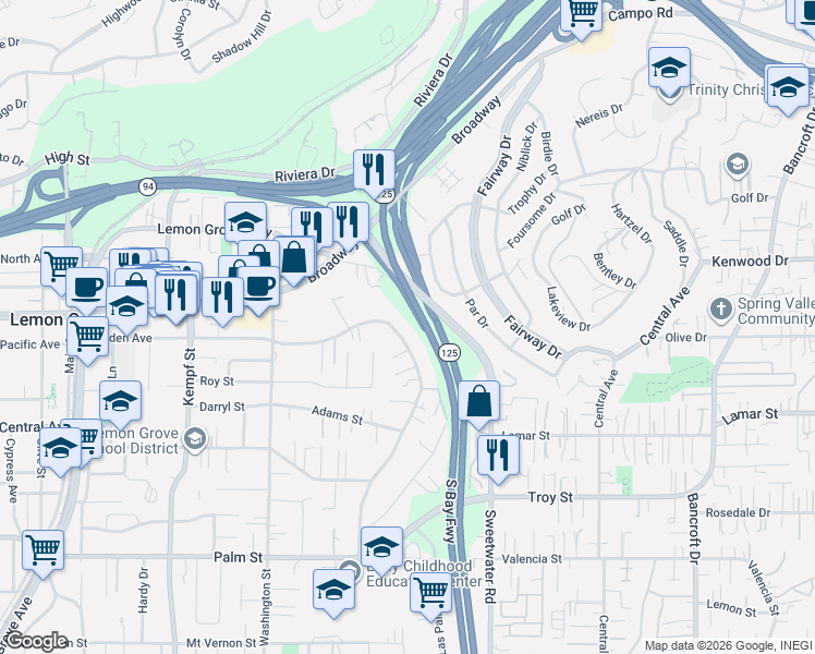 map of restaurants, bars, coffee shops, grocery stores, and more near 8314 Golden Avenue in Lemon Grove