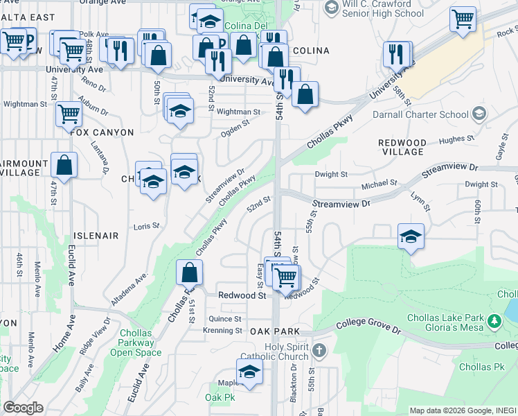 map of restaurants, bars, coffee shops, grocery stores, and more near 3345 52nd Street in San Diego