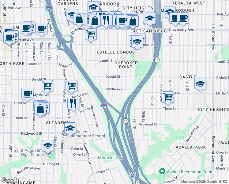 map of restaurants, bars, coffee shops, grocery stores, and more near 3421 36th Street in San Diego