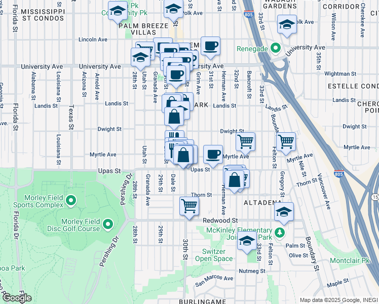 map of restaurants, bars, coffee shops, grocery stores, and more near 3034 Myrtle Avenue in San Diego