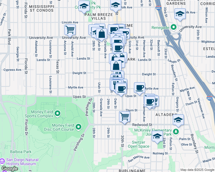 map of restaurants, bars, coffee shops, grocery stores, and more near 3444 Granada Avenue in San Diego