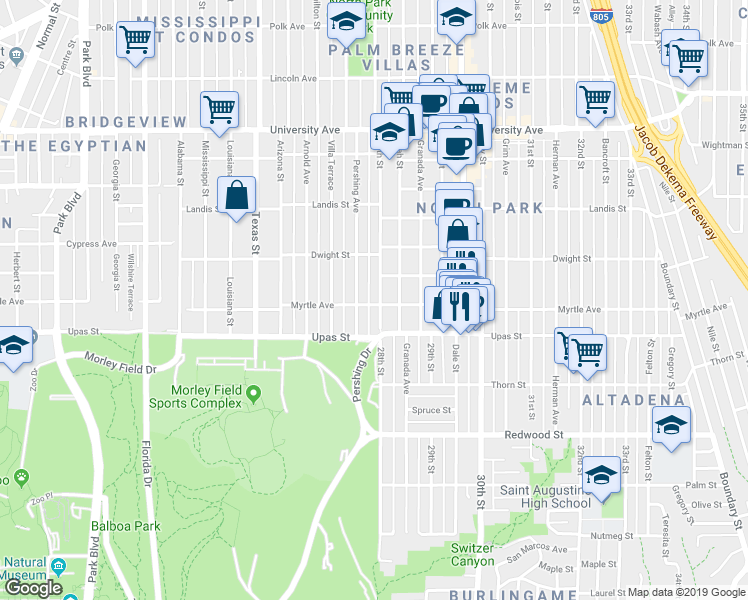 map of restaurants, bars, coffee shops, grocery stores, and more near 3445 28th Street in San Diego