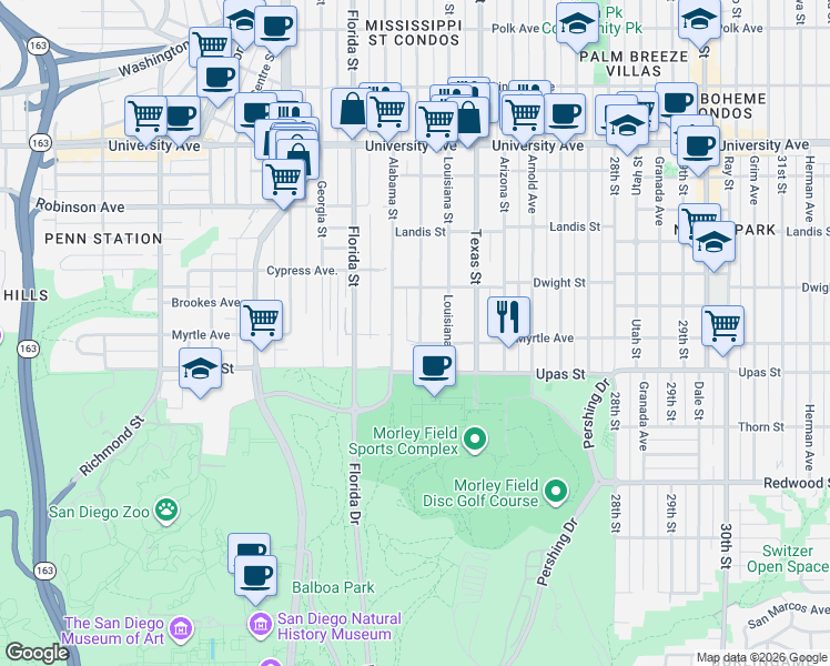 map of restaurants, bars, coffee shops, grocery stores, and more near 3501 Mississippi Street in San Diego
