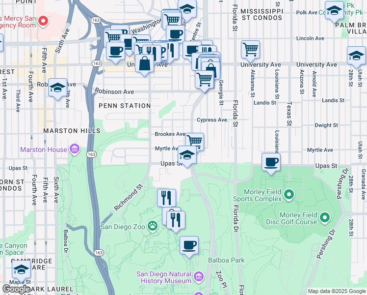 map of restaurants, bars, coffee shops, grocery stores, and more near 1625 Myrtle Avenue in San Diego