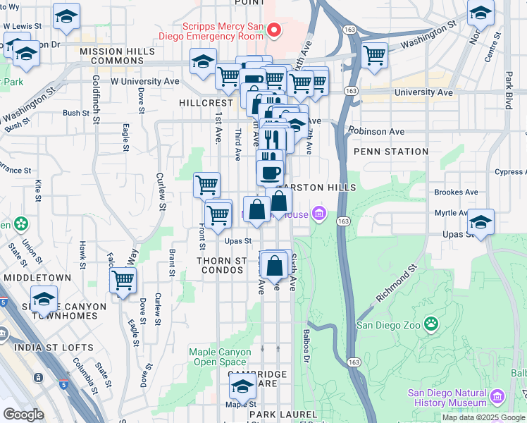 map of restaurants, bars, coffee shops, grocery stores, and more near 3534 Fifth Avenue in San Diego