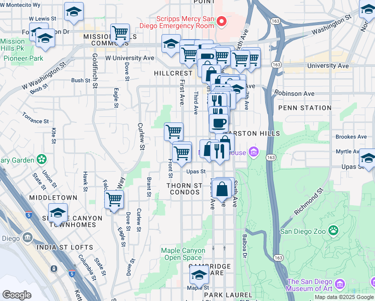 map of restaurants, bars, coffee shops, grocery stores, and more near 3531 1st Avenue in San Diego