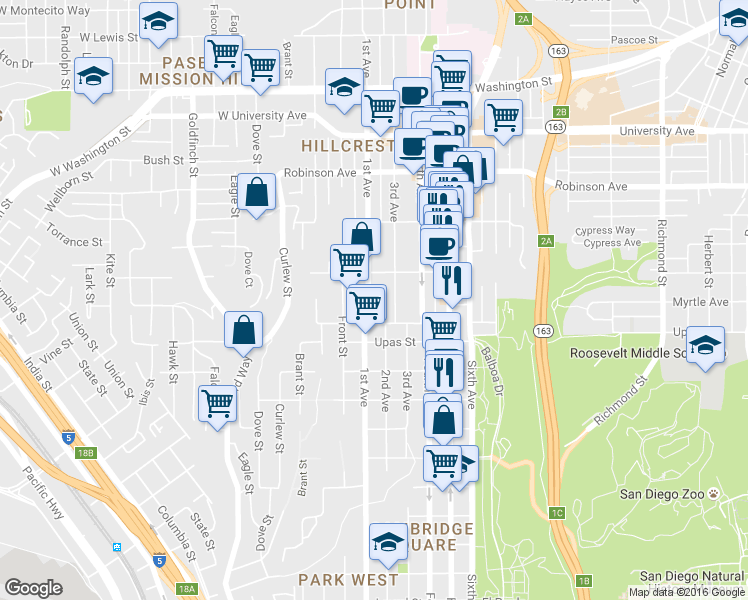 map of restaurants, bars, coffee shops, grocery stores, and more near 3531 1st Avenue in San Diego