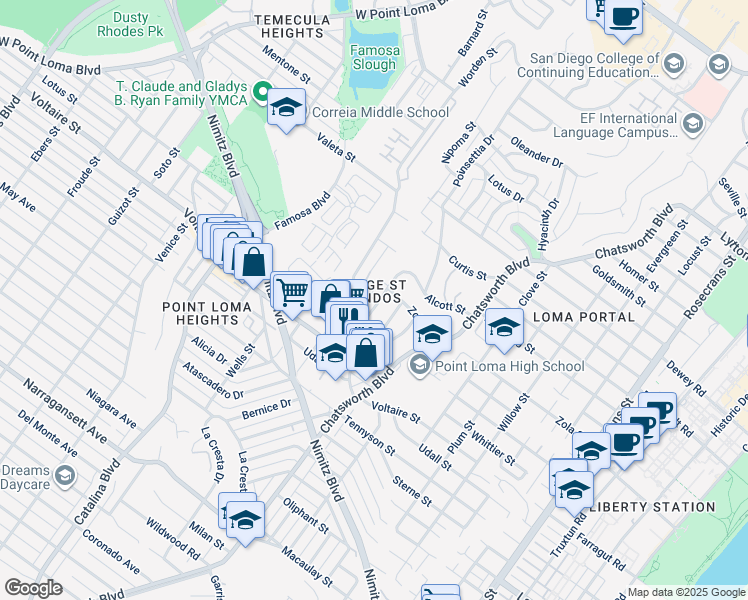 map of restaurants, bars, coffee shops, grocery stores, and more near 2331 Palermo Drive in San Diego