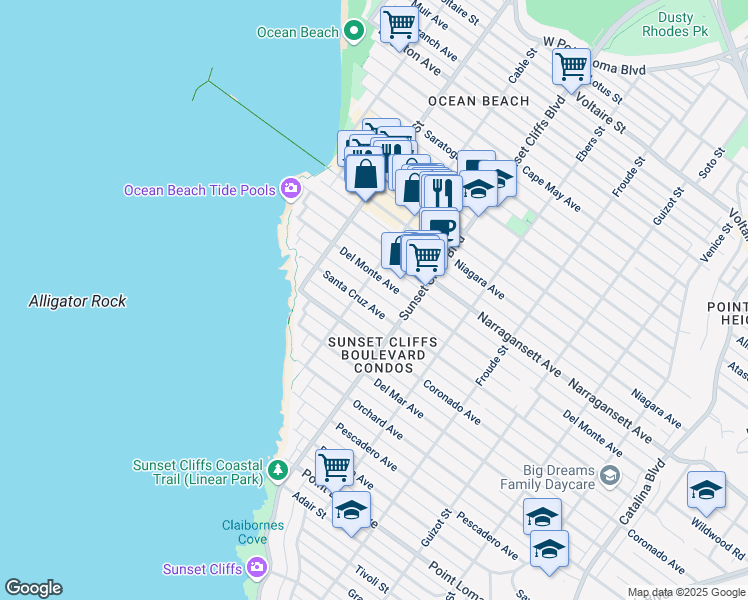 map of restaurants, bars, coffee shops, grocery stores, and more near 4877 Santa Cruz Avenue in San Diego