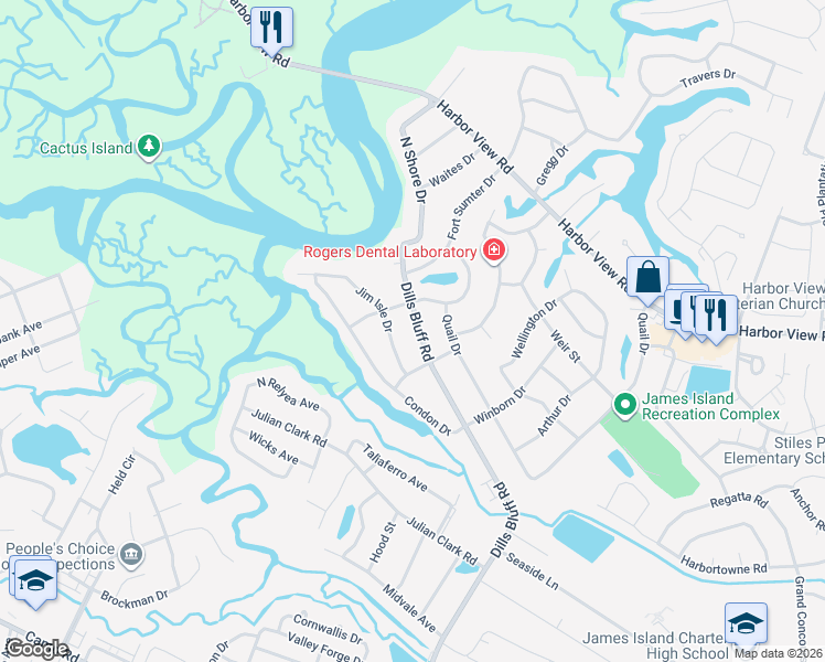 map of restaurants, bars, coffee shops, grocery stores, and more near 783 Dills Bluff Road in Charleston