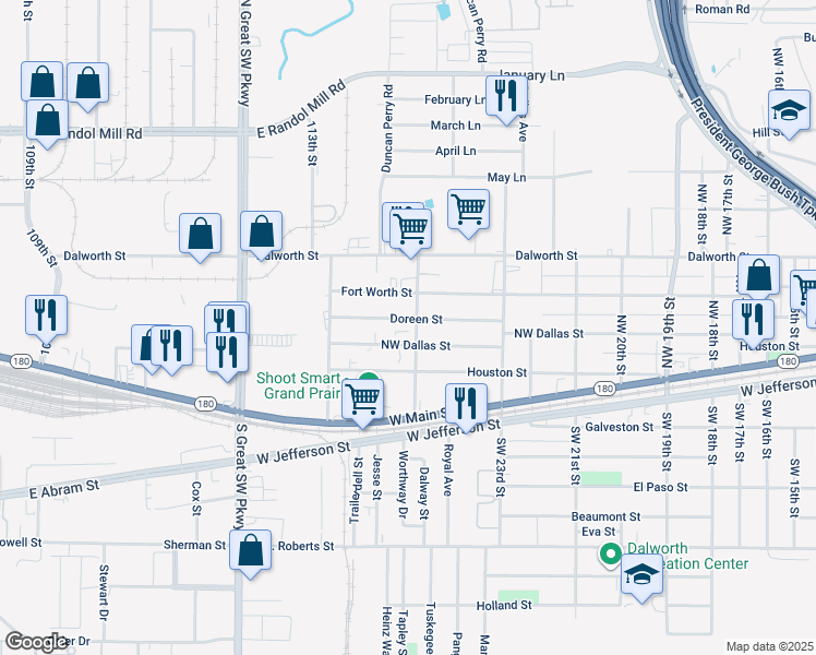 map of restaurants, bars, coffee shops, grocery stores, and more near 2414 Northwest Dallas Street in Grand Prairie