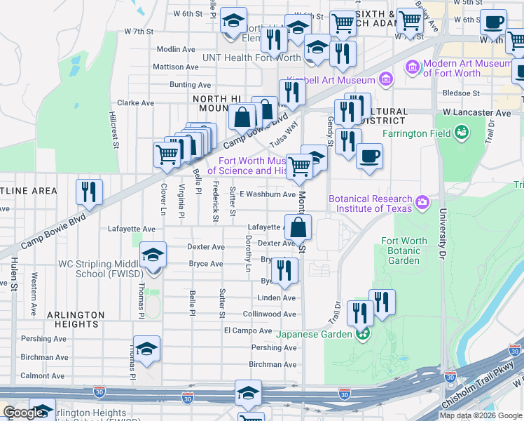 map of restaurants, bars, coffee shops, grocery stores, and more near 3705 Harley Avenue in Fort Worth