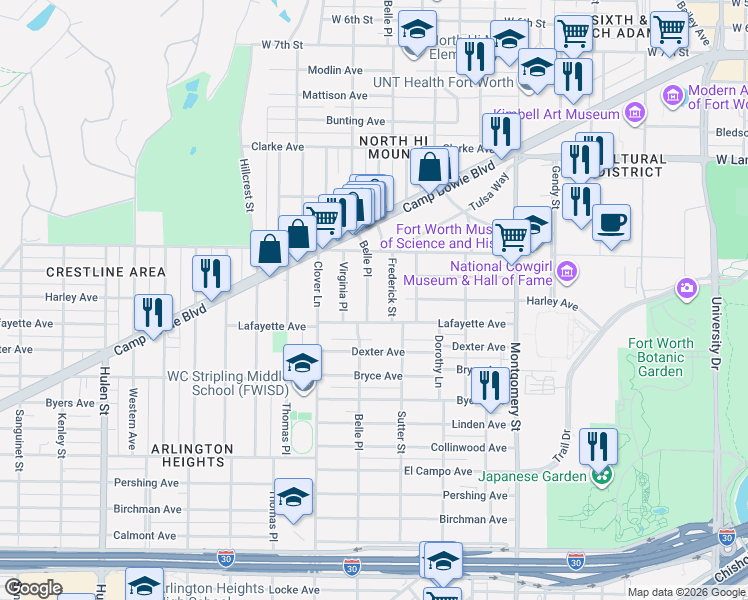 map of restaurants, bars, coffee shops, grocery stores, and more near 1812 Frederick Street in Fort Worth