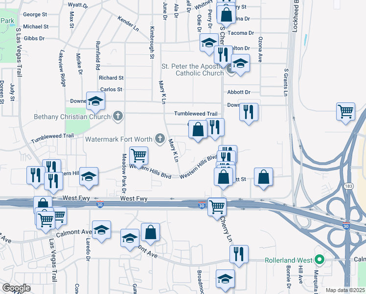 map of restaurants, bars, coffee shops, grocery stores, and more near 8031 Cambridge Circle in White Settlement