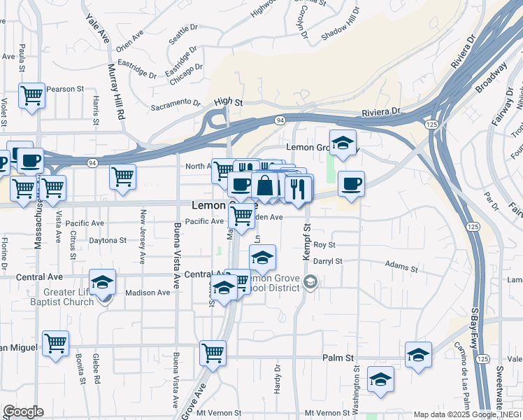 map of restaurants, bars, coffee shops, grocery stores, and more near 7875 Broadway in Lemon Grove