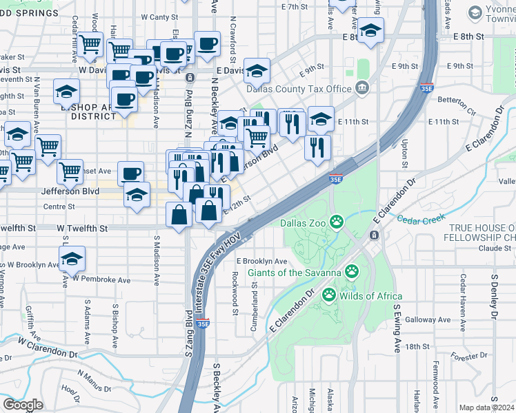 map of restaurants, bars, coffee shops, grocery stores, and more near 831 South R L Thornton Freeway Service Road in Dallas
