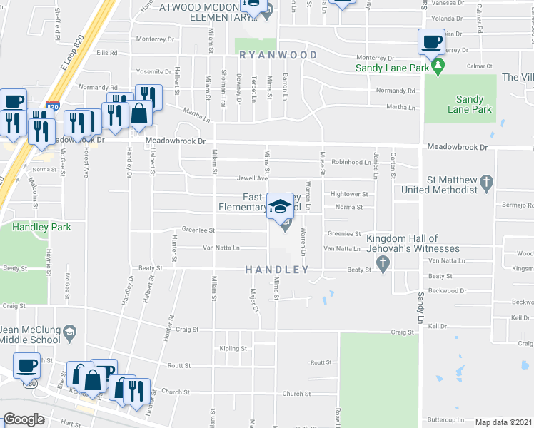 map of restaurants, bars, coffee shops, grocery stores, and more near Mims St & Norma St in Fort Worth