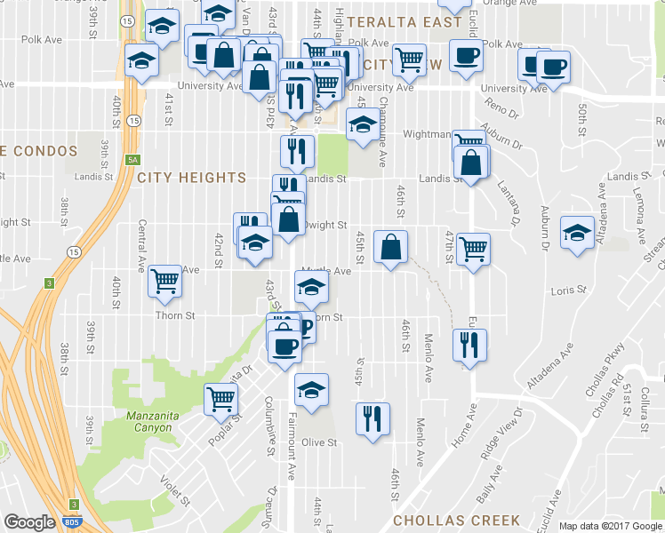 map of restaurants, bars, coffee shops, grocery stores, and more near 3504 Highland Avenue in San Diego