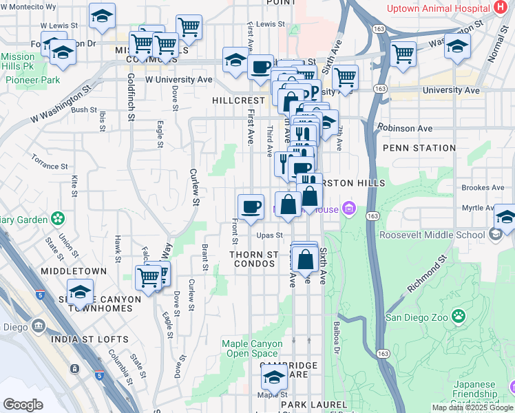 map of restaurants, bars, coffee shops, grocery stores, and more near in San Diego