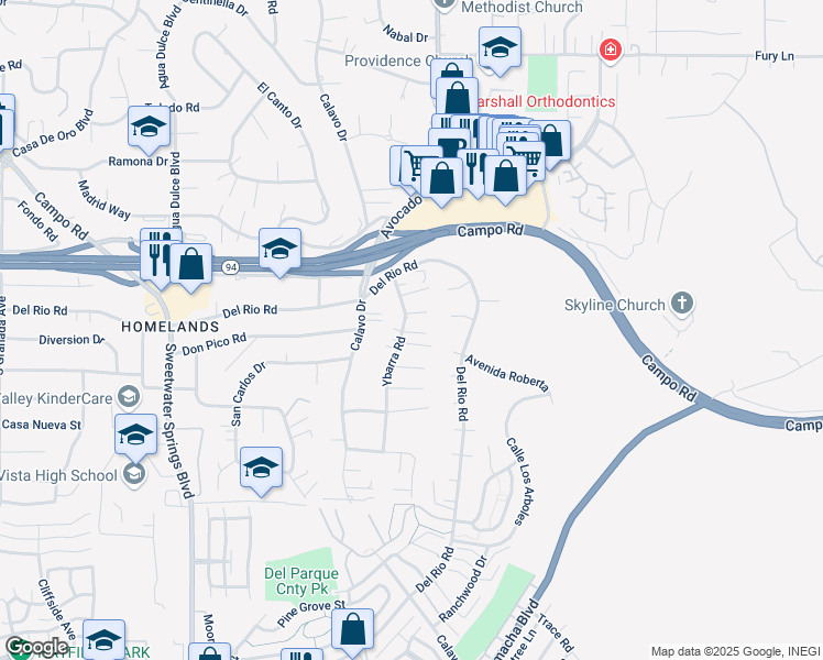 map of restaurants, bars, coffee shops, grocery stores, and more near 3509 Ybarra Road in Spring Valley