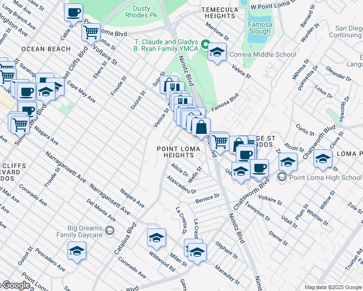 map of restaurants, bars, coffee shops, grocery stores, and more near 4154 Tennyson Street in San Diego