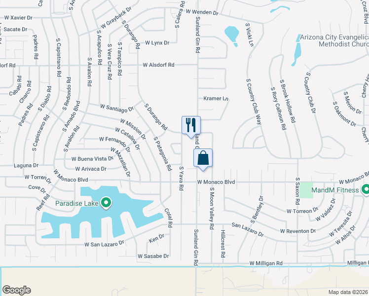 map of restaurants, bars, coffee shops, grocery stores, and more near 15177 South Yava Road in Arizona City