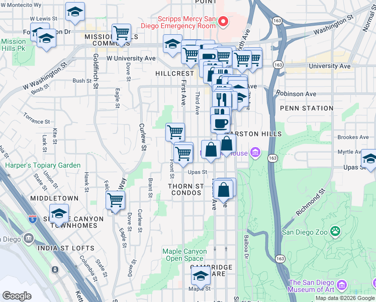 map of restaurants, bars, coffee shops, grocery stores, and more near 3531 1st Avenue in San Diego