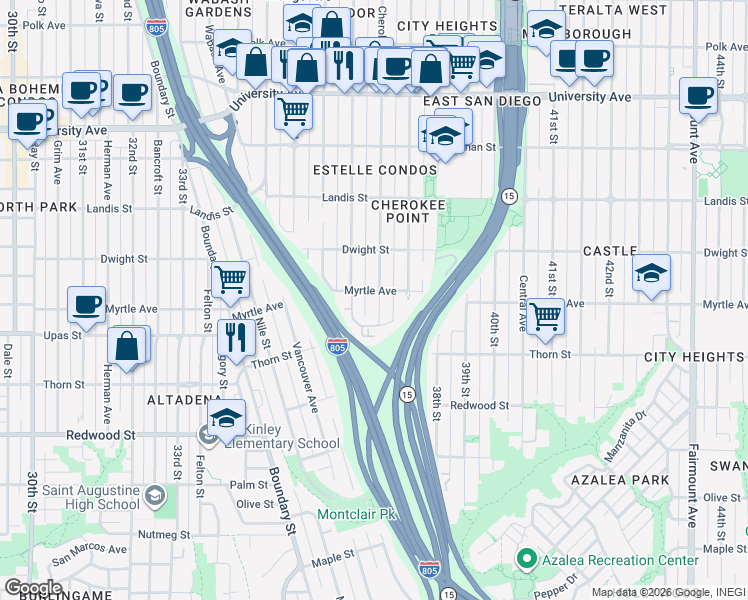 map of restaurants, bars, coffee shops, grocery stores, and more near 3421 Cherokee Avenue in San Diego