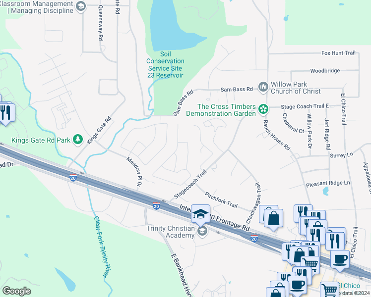 map of restaurants, bars, coffee shops, grocery stores, and more near 236 Carriage Drive in Willow Park