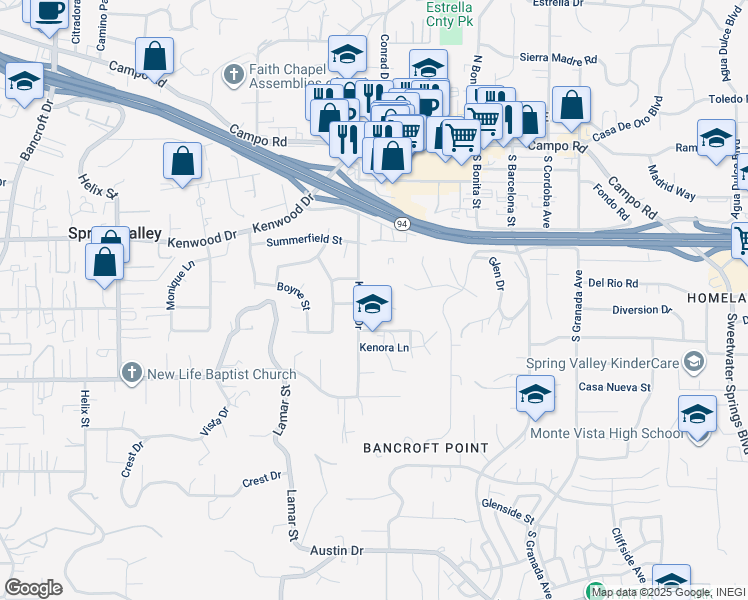 map of restaurants, bars, coffee shops, grocery stores, and more near 9724 Kenora Woods Lane in Spring Valley