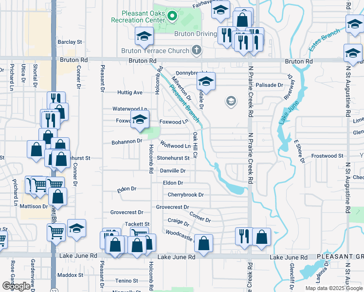 map of restaurants, bars, coffee shops, grocery stores, and more near 8653 Wolfwood Lane in Dallas