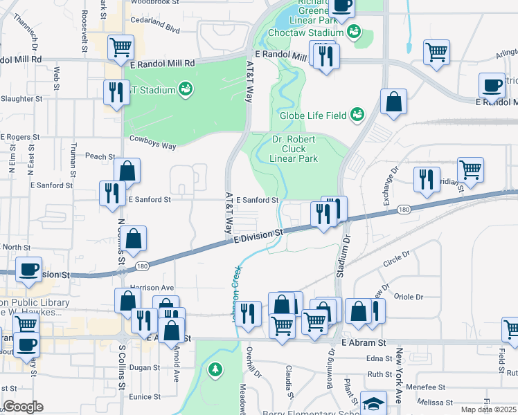 map of restaurants, bars, coffee shops, grocery stores, and more near 1604 East Sanford Street in Arlington