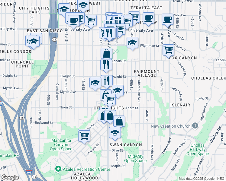 map of restaurants, bars, coffee shops, grocery stores, and more near 4376 Myrtle Avenue in San Diego