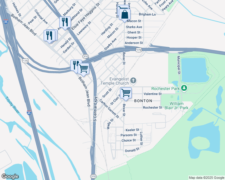 map of restaurants, bars, coffee shops, grocery stores, and more near 2507 Saint Clair Street in Dallas