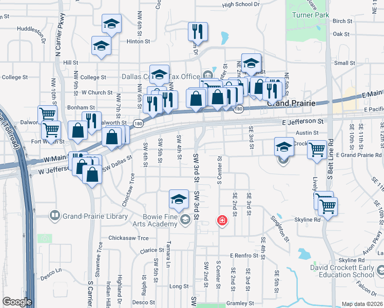 map of restaurants, bars, coffee shops, grocery stores, and more near 324 Southwest 4th Street in Grand Prairie
