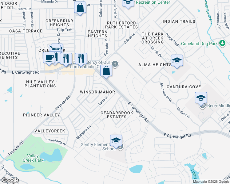 map of restaurants, bars, coffee shops, grocery stores, and more near 1706 East Cartwright Road in Mesquite