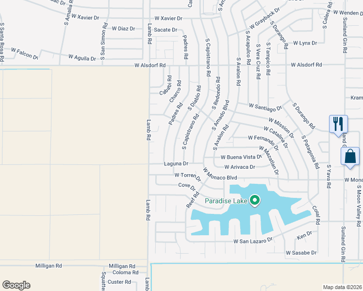 map of restaurants, bars, coffee shops, grocery stores, and more near 15200 South Capistrano Road in Arizona City