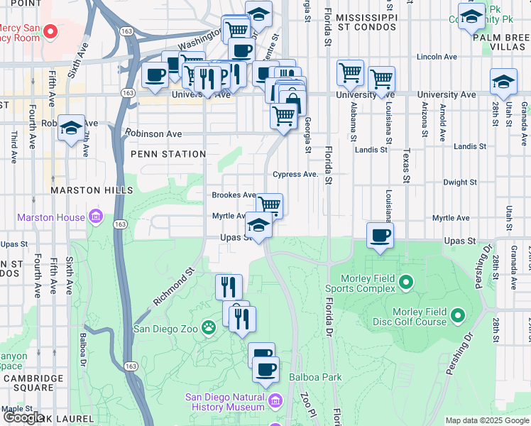 map of restaurants, bars, coffee shops, grocery stores, and more near 1717 Myrtle Avenue in San Diego