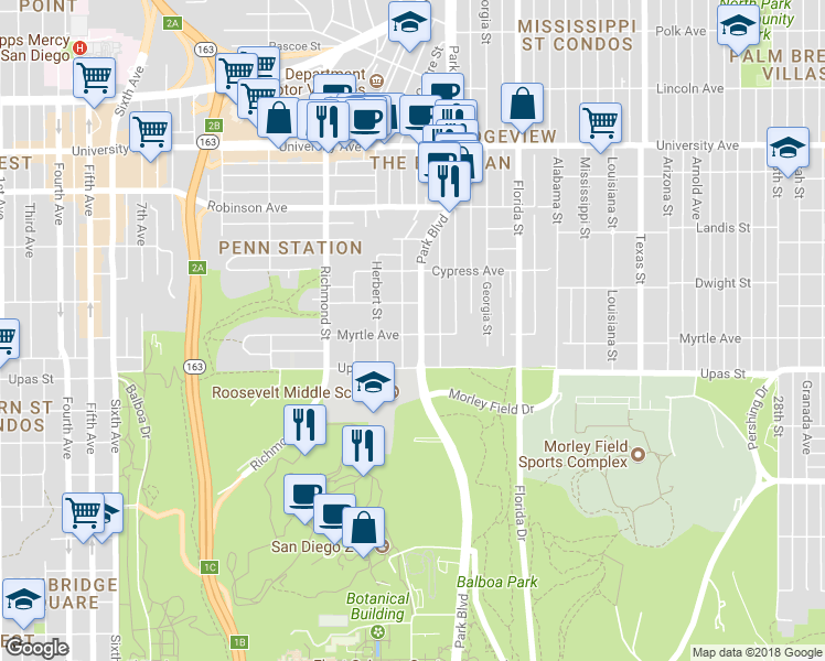 map of restaurants, bars, coffee shops, grocery stores, and more near 1698 Myrtle Avenue in San Diego