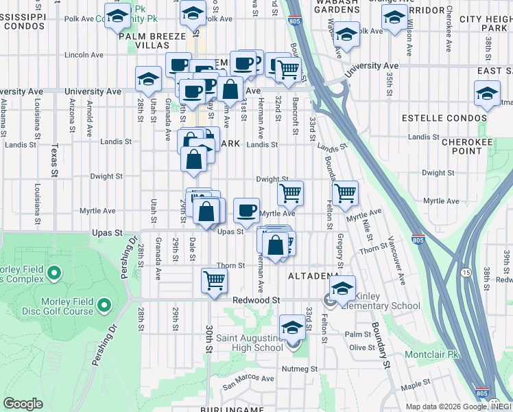 map of restaurants, bars, coffee shops, grocery stores, and more near 3520 Herman Avenue in San Diego