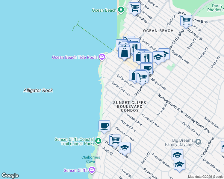 map of restaurants, bars, coffee shops, grocery stores, and more near 4950 Coronado Avenue in San Diego