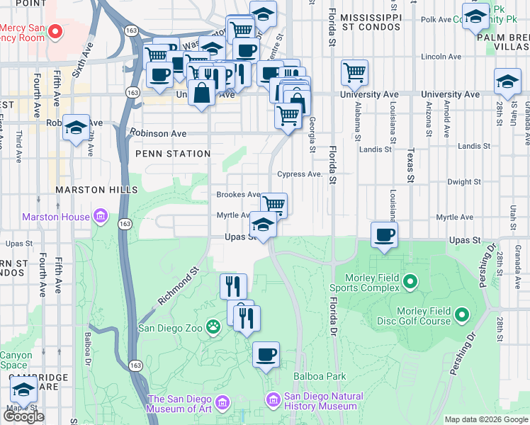 map of restaurants, bars, coffee shops, grocery stores, and more near 1698 Myrtle Avenue in San Diego